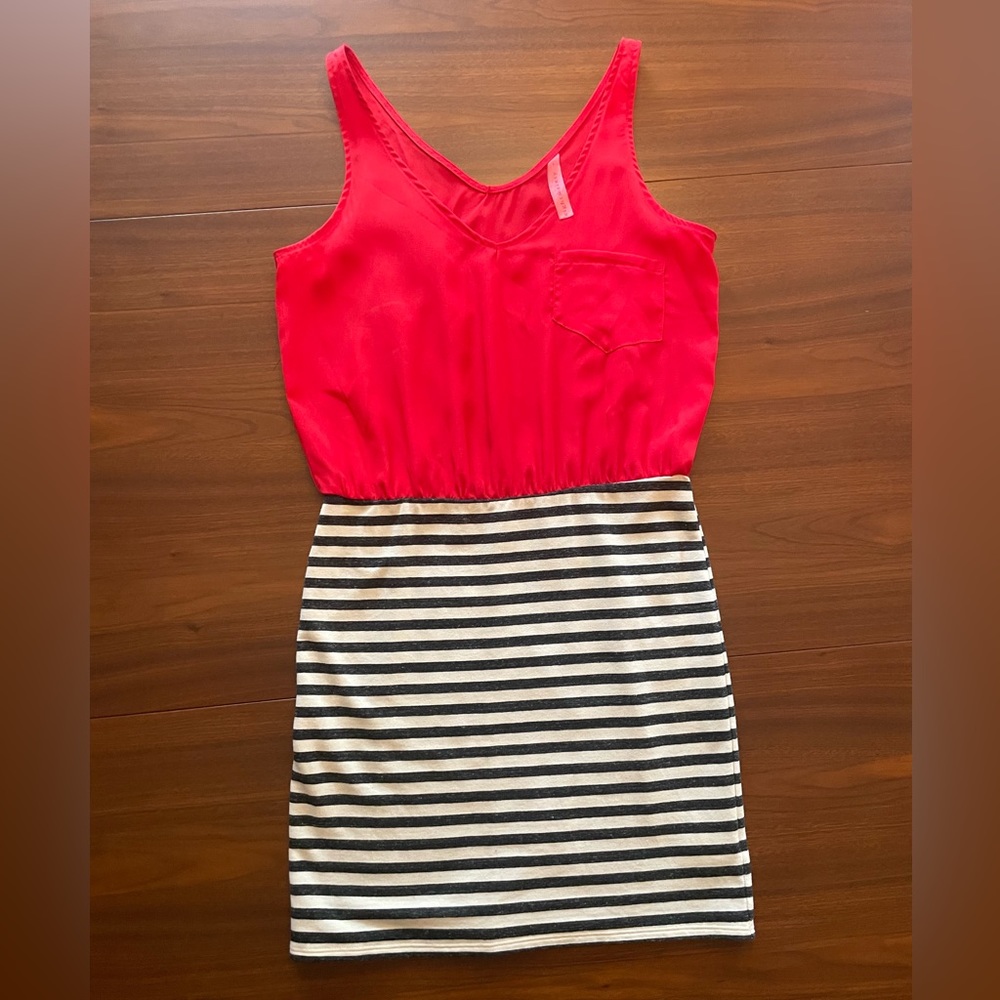 Lord & Taylor Eighty Sixty Mini Red/Back and White Striped Dress